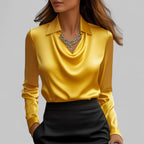 Dôre | Women’s Draped Neck Long Sleeve Satin Blouses Yellow