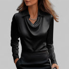 Dôre | Women’s Draped Neck Long Sleeve Satin Blouses Black