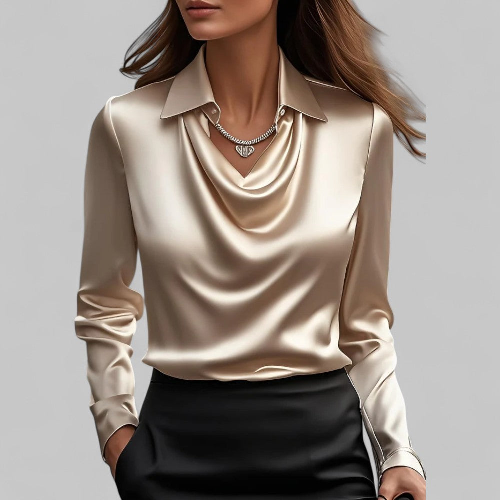 Dôre | Women’s Draped Neck Long Sleeve Satin Blouses Champagne