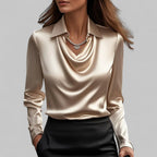 Dôre | Women’s Draped Neck Long Sleeve Satin Blouses Champagne