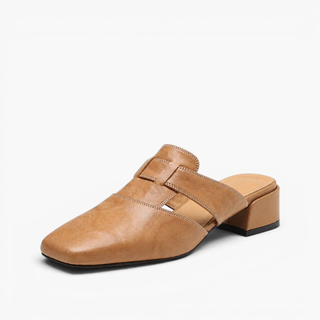 Rosel | Square-Toe Leather Mules – Chic Artisan Craft & Refined Slimming Silhouette Almond Tan