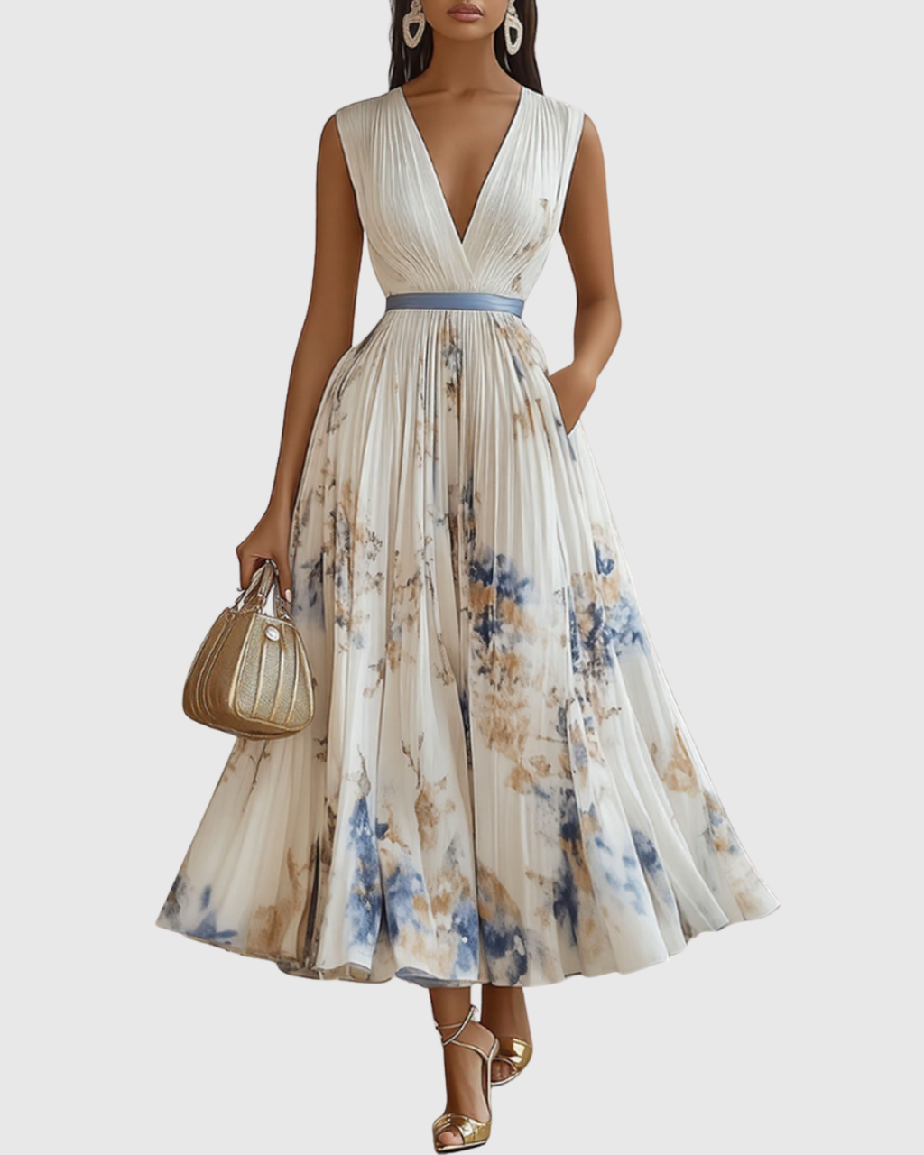 Aura | Women’s Elegant Pleated Maxi Dress – Chic Botanical Flow & Refined Slimming Accordion Pleats White