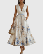 Aura | Women’s Elegant Pleated Maxi Dress – Chic Botanical Flow & Refined Slimming Accordion Pleats White