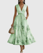 Aura | Women’s Elegant Pleated Maxi Dress – Chic Botanical Flow & Refined Slimming Accordion Pleats Green