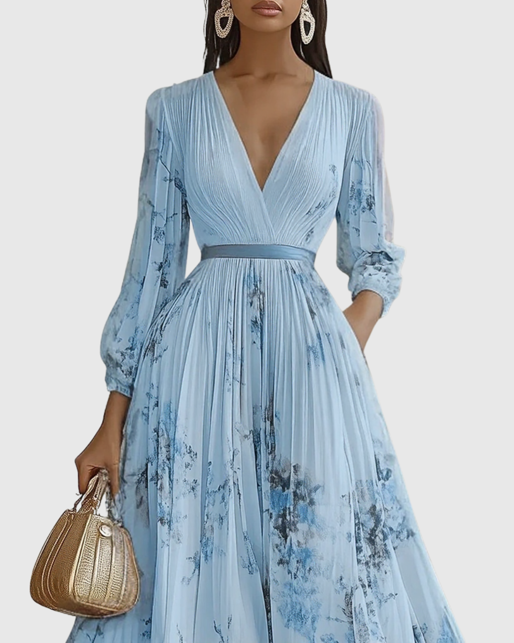 Aura | Women’s Elegant Pleated Maxi Dress – Chic Botanical Flow & Refined Slimming Accordion Pleats Blue