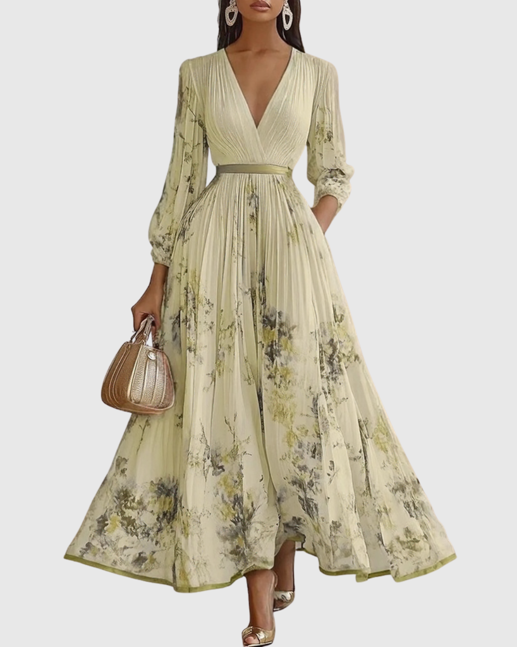 Aura | Women’s Elegant Pleated Maxi Dress – Chic Botanical Flow & Refined Slimming Accordion Pleats Yellow