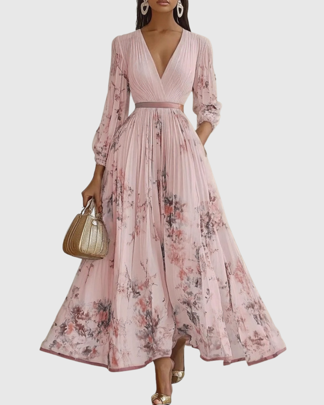 Aura | Women’s Elegant Pleated Maxi Dress – Chic Botanical Flow & Refined Slimming Accordion Pleats Pink