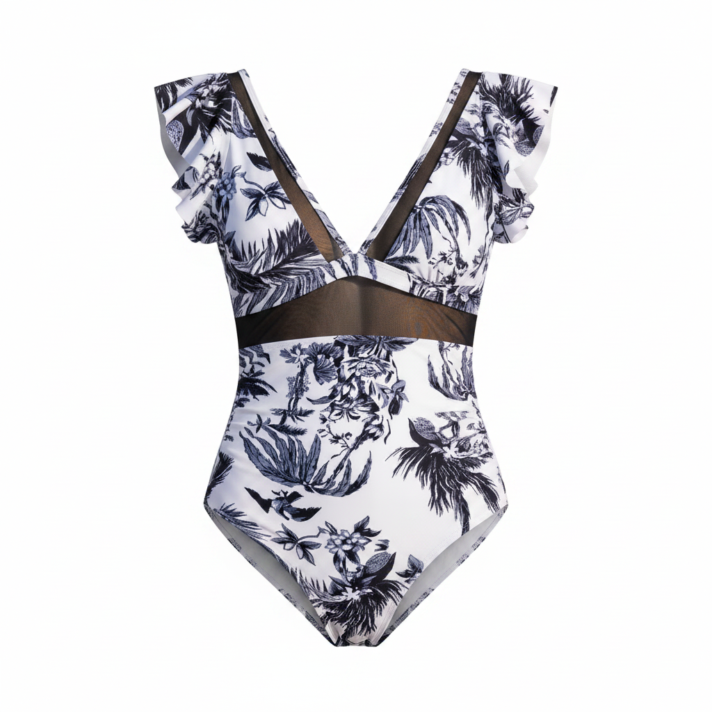 Ruched V-Neck Fitted One-Piece Swimsuit with Delicate Ruffle Detailing