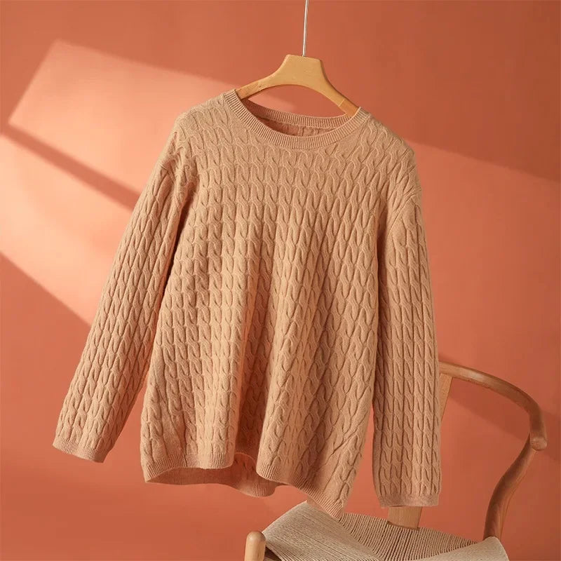 Sephira | Women's Textured Long Sleeve Sweater - Soft Cable Knit Pullover & Ribbed Jumper Light Brown