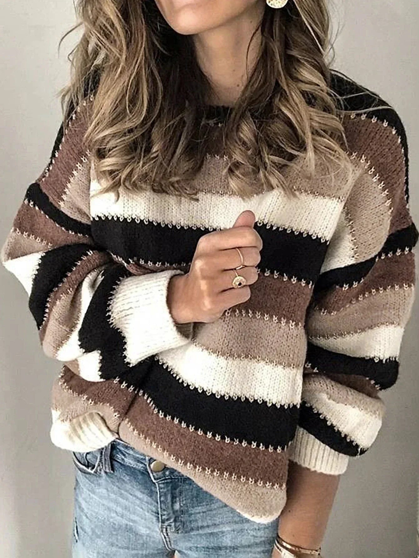 Flōre | Women's Striped Loose Fit Sweater - Oversized Knit Pullover & Slouchy Jumper Brown