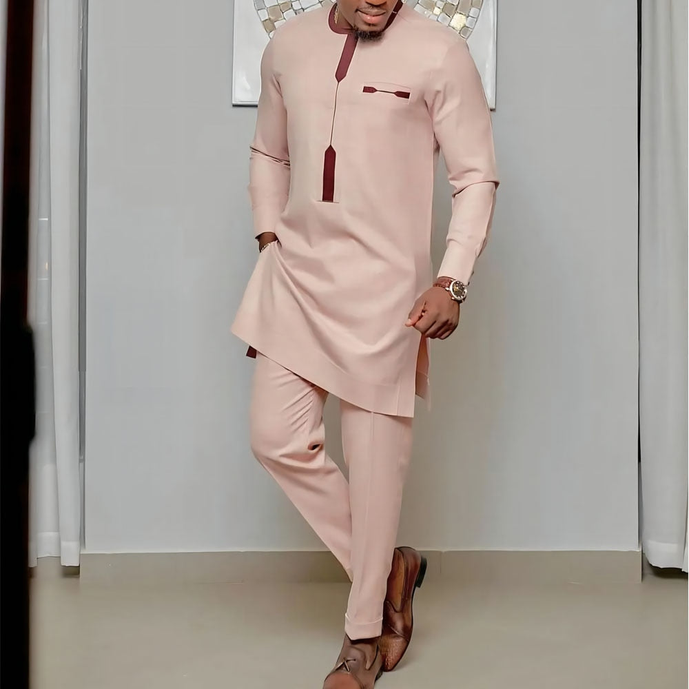 Admire | Men's Modern Dashiki 2-Piece Set - African Print Shirt & Pants Pink
