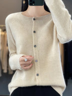 Solis | Women's Round Neck Knitted Cardigan - Soft Button-Front Crewneck Sweater & Jumper Beige