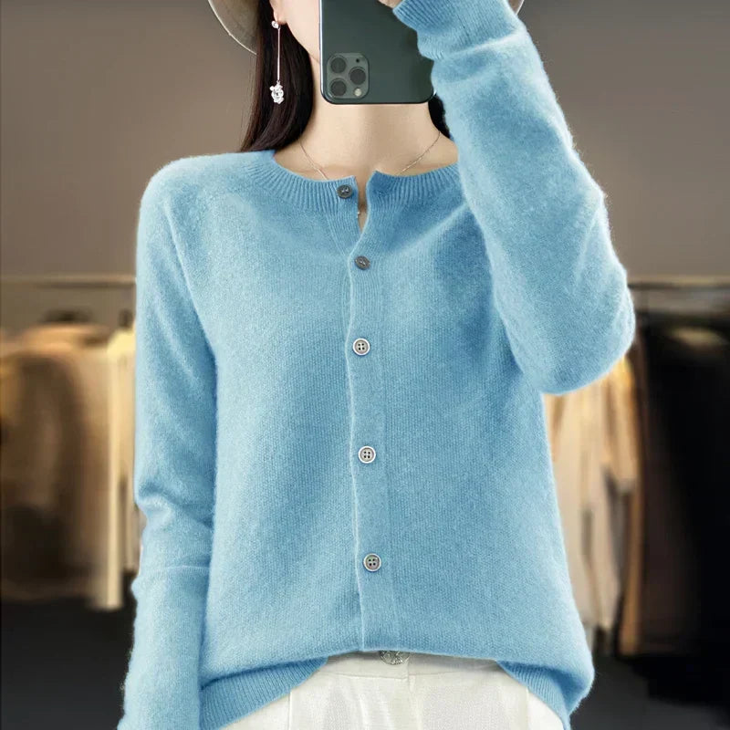 Solis | Women's Round Neck Knitted Cardigan - Soft Button-Front Crewneck Sweater & Jumper Light Blue