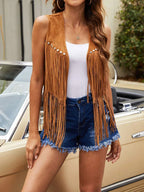 Damaris | Women's Fringe Vest - Sleeveless Faux Suede Boho Waistcoat & Western Tassel Gilet Brown