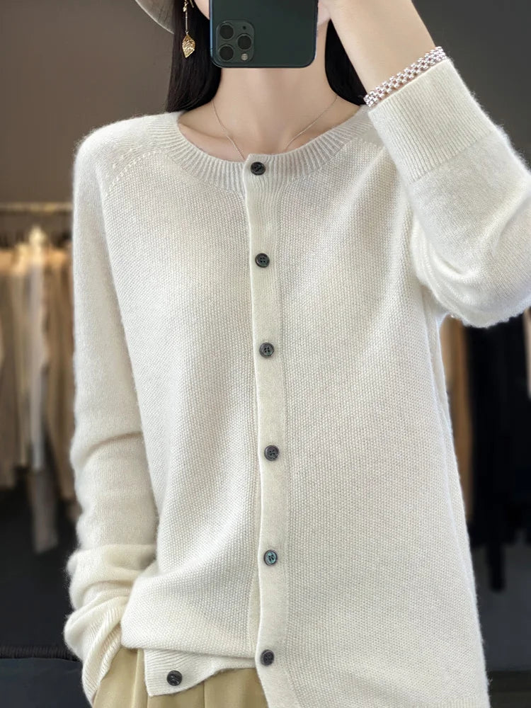 Solis | Women's Round Neck Knitted Cardigan - Soft Button-Front Crewneck Sweater & Jumper White