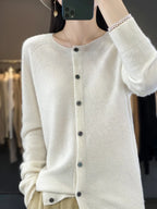 Solis | Women's Round Neck Knitted Cardigan - Soft Button-Front Crewneck Sweater & Jumper White