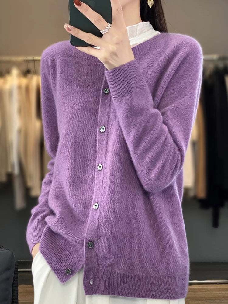 Solis | Women's Round Neck Knitted Cardigan - Soft Button-Front Crewneck Sweater & Jumper Purple