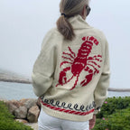 Velina | Women's Shawl Collar Cardigan with Sailboat Print Y2K V Neck Button Down Knit Jumper Lobster