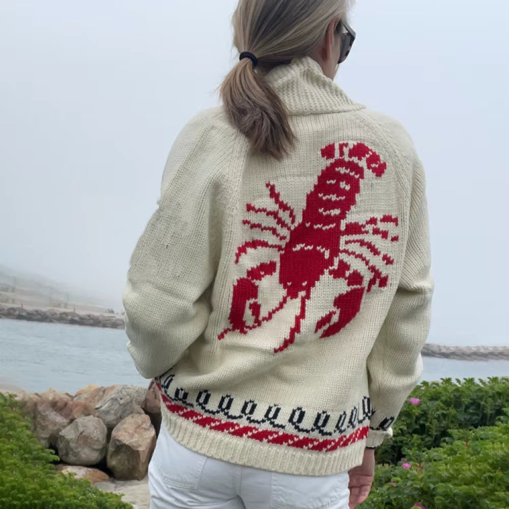 Velina | Women's Shawl Collar Cardigan with Sailboat Print Y2K V Neck Button Down Knit Jumper Lobster