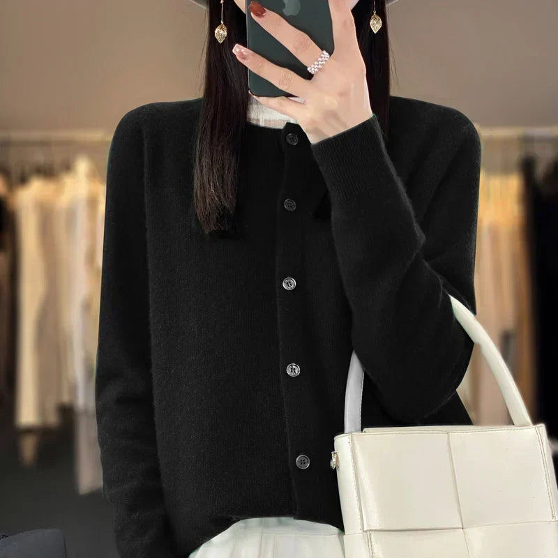 Solis | Women's Round Neck Knitted Cardigan - Soft Button-Front Crewneck Sweater & Jumper Black