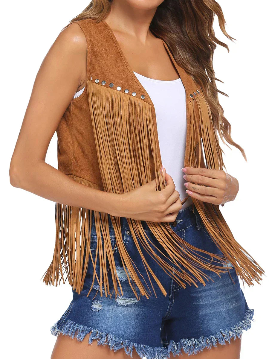 Damaris | Women's Fringe Vest - Sleeveless Faux Suede Boho Waistcoat & Western Tassel Gilet