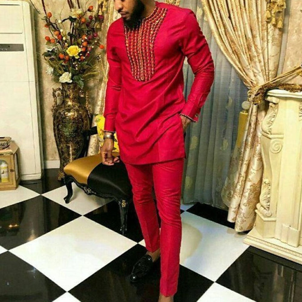 Admire | Men's Modern Dashiki 2-Piece Set - African Print Shirt & Pants Red