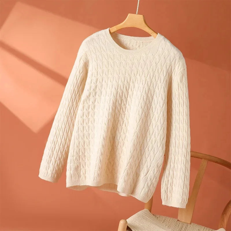 Sephira | Women's Textured Long Sleeve Sweater - Soft Cable Knit Pullover & Ribbed Jumper Beige