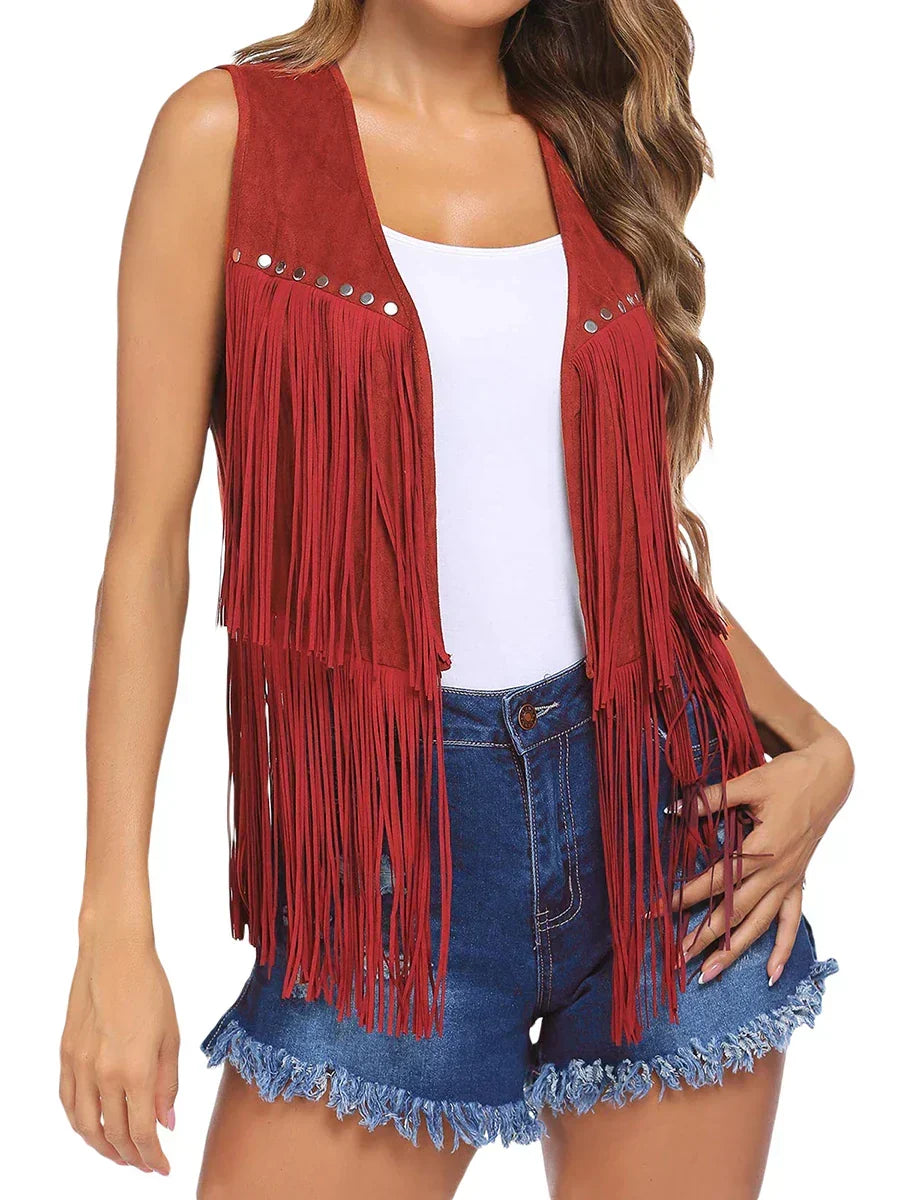 Damaris | Women's Fringe Vest - Sleeveless Faux Suede Boho Waistcoat & Western Tassel Gilet Green
