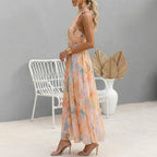 Esra | Halter Neck Chiffon Maxi Dress with Ruched Waist and Pleated Skirt