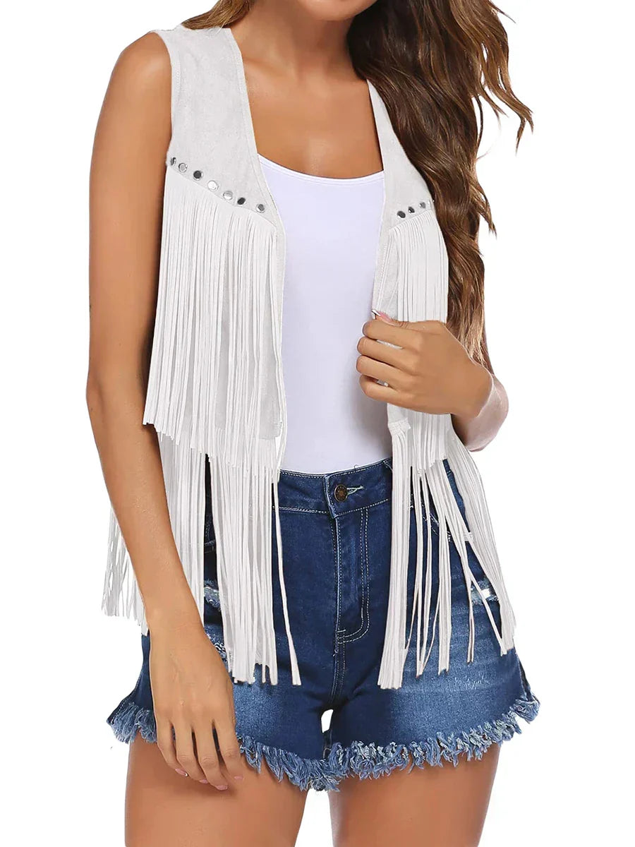 Damaris | Women's Fringe Vest - Sleeveless Faux Suede Boho Waistcoat & Western Tassel Gilet White