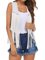 Damaris | Women's Fringe Vest - Sleeveless Faux Suede Boho Waistcoat & Western Tassel Gilet White