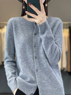 Solis | Women's Round Neck Knitted Cardigan - Soft Button-Front Crewneck Sweater & Jumper Grey