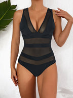 Sculpting Mesh Panel One-Piece Swimsuit for Elevated Summer Style Black