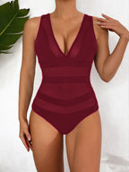 Sculpting Mesh Panel One-Piece Swimsuit for Elevated Summer Style Wine Red