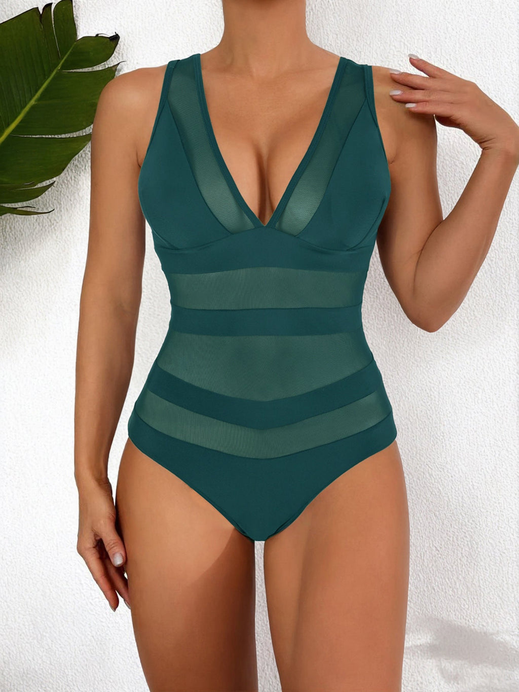 Sculpting Mesh Panel One-Piece Swimsuit for Elevated Summer Style Peacock Green