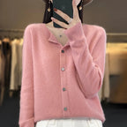 Solis | Women's Round Neck Knitted Cardigan - Soft Button-Front Crewneck Sweater & Jumper Pink