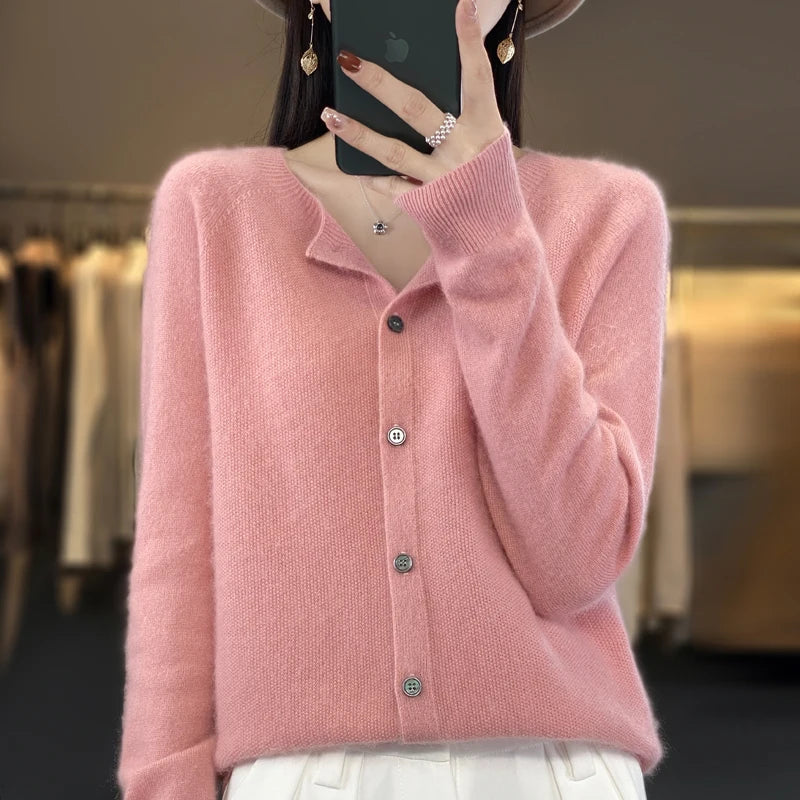 Solis | Women's Round Neck Knitted Cardigan - Soft Button-Front Crewneck Sweater & Jumper Pink