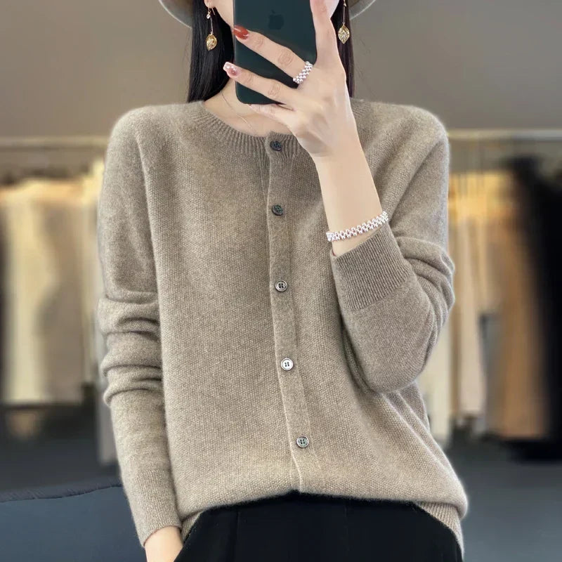 Solis | Women's Round Neck Knitted Cardigan - Soft Button-Front Crewneck Sweater & Jumper Light Brown