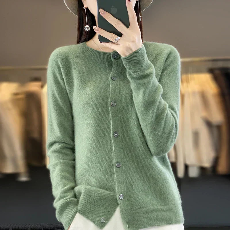 Solis | Women's Round Neck Knitted Cardigan - Soft Button-Front Crewneck Sweater & Jumper Green