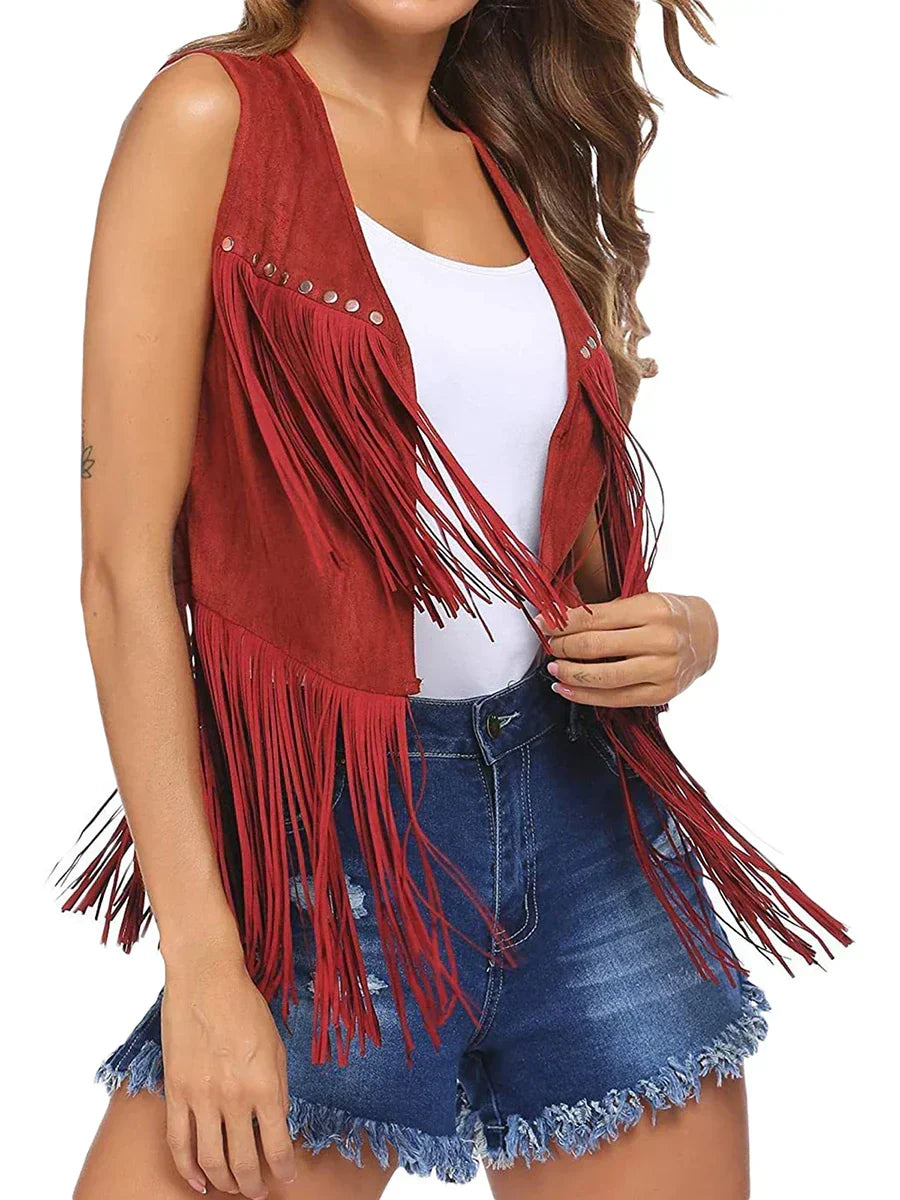 Damaris | Women's Fringe Vest - Sleeveless Faux Suede Boho Waistcoat & Western Tassel Gilet