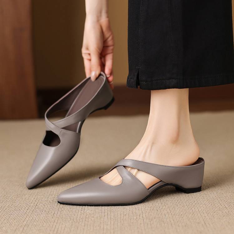 Selva | Genuine Leather Cross-Strap Pointed Mules – Luxury Designer Slip-On Heel & Slimming Pointed Toe