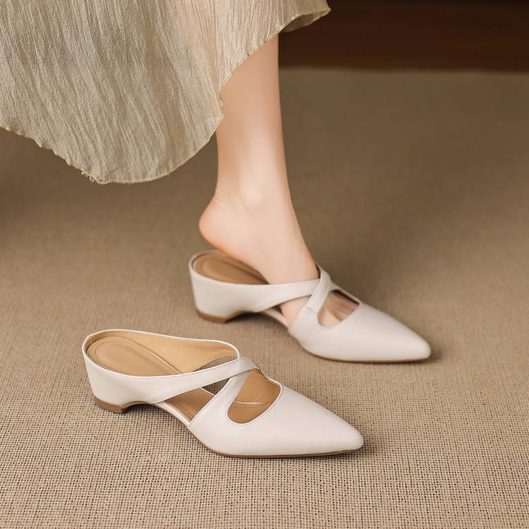 Selva | Genuine Leather Cross-Strap Pointed Mules – Luxury Designer Slip-On Heel & Slimming Pointed Toe White
