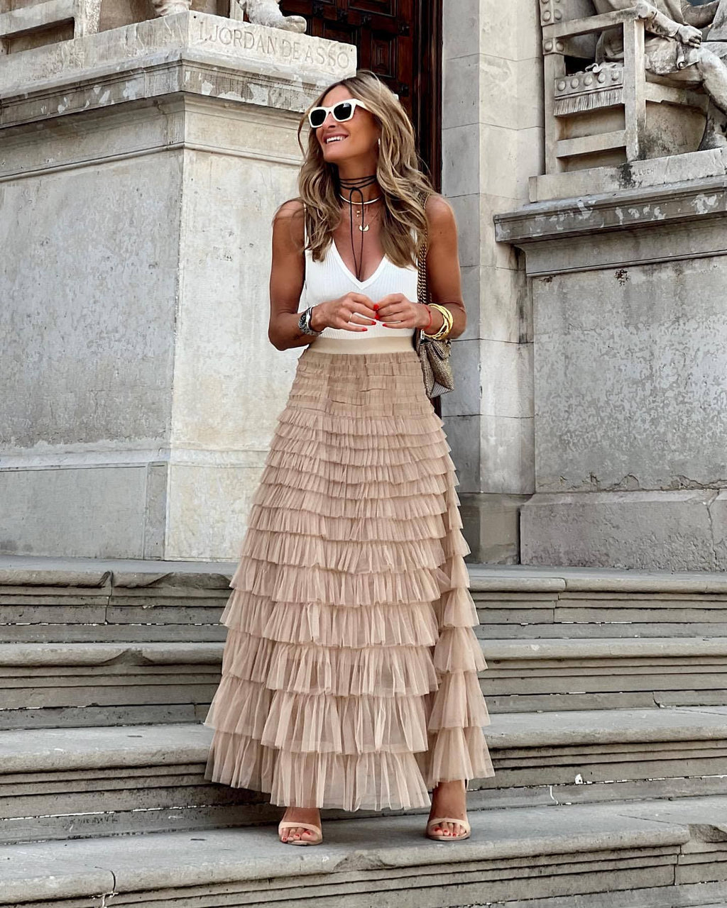 Sephira | Women's Fluffy Tulle Maxi Skirt – Elegant Tiered Look & Airy Style beige