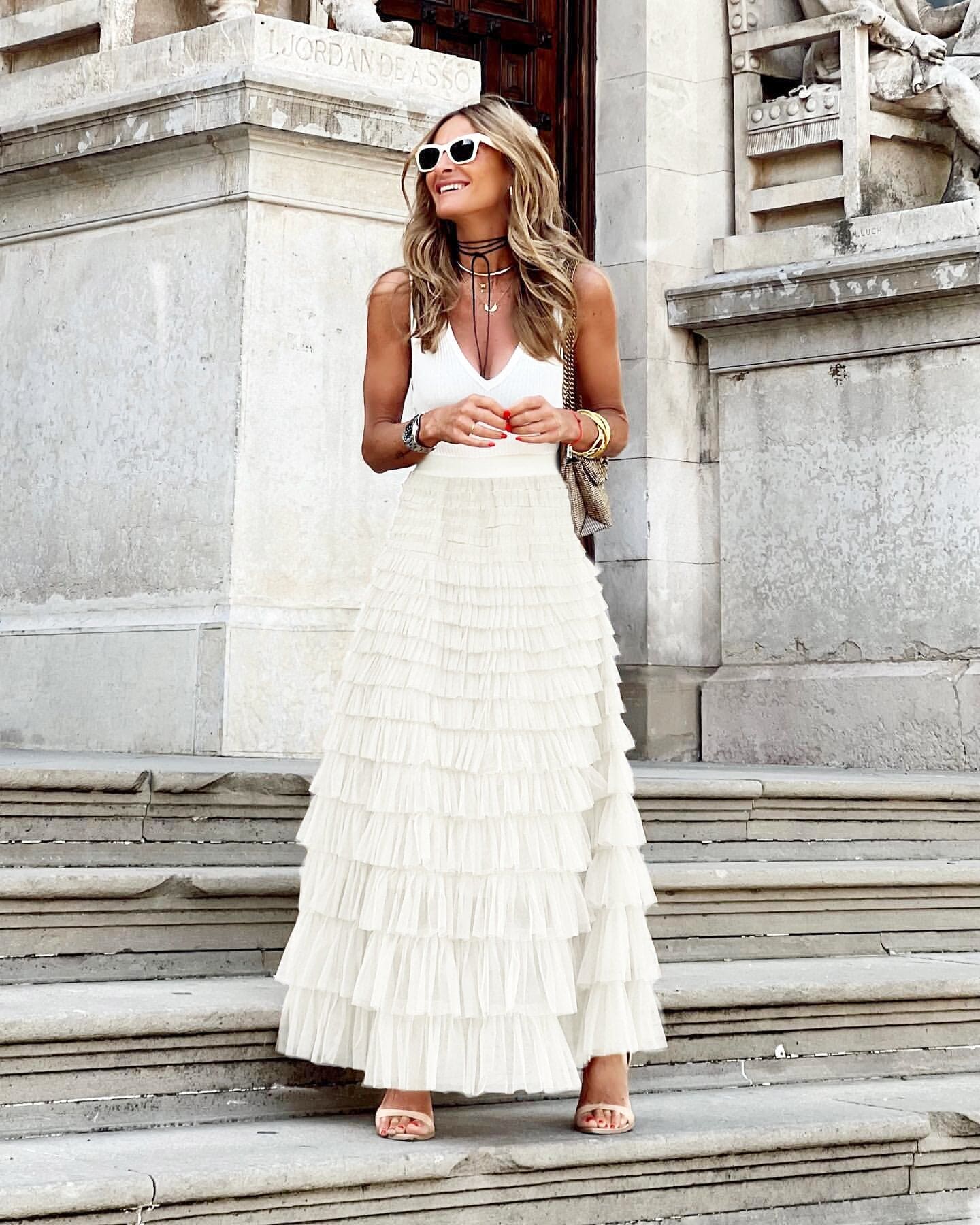 Sephira | Women's Fluffy Tulle Maxi Skirt – Elegant Tiered Look & Airy Style white