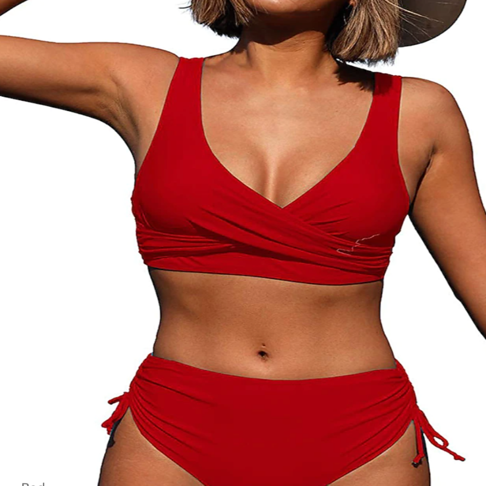 Women’s Criss-Cross Bikini Set – Architectural Wrap Neckline, High-Waist Sculpting & Ethereal Coastal Majesty red