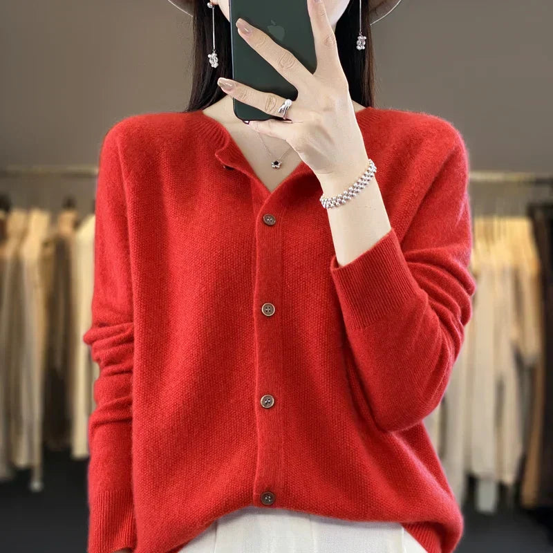 Solis | Women's Round Neck Knitted Cardigan - Soft Button-Front Crewneck Sweater & Jumper Red