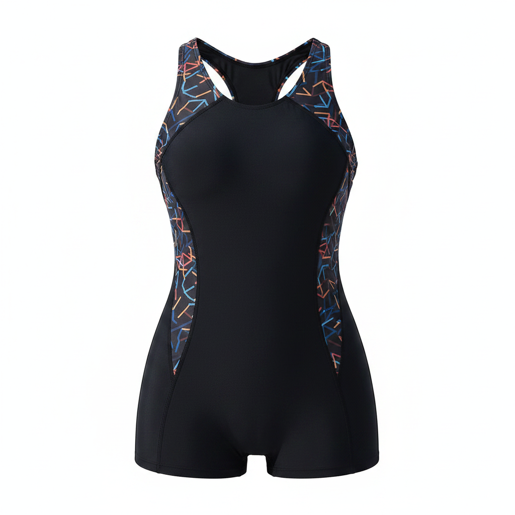 Sleek One-Piece Swimsuit with Sculpted Silhouette and Patterned Accents