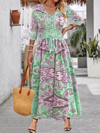 Māyā | Women’s Smocked Printed Half Sleeve Dress – Chic Boho Print & Refined Slimming Bodice Green