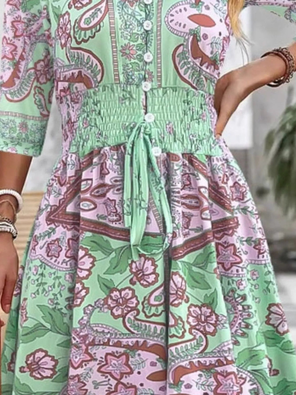 Māyā | Women’s Smocked Printed Half Sleeve Dress – Chic Boho Print & Refined Slimming Bodice