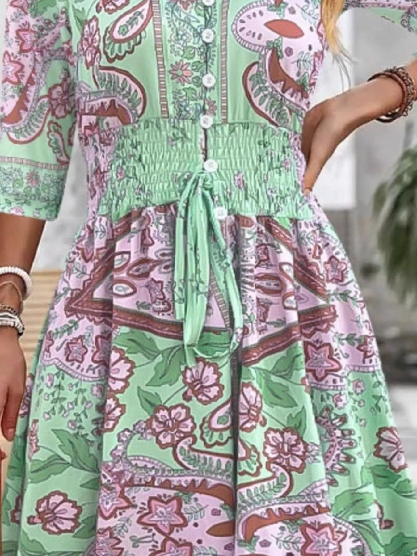 Māyā | Women’s Smocked Printed Half Sleeve Dress – Chic Boho Print & Refined Slimming Bodice